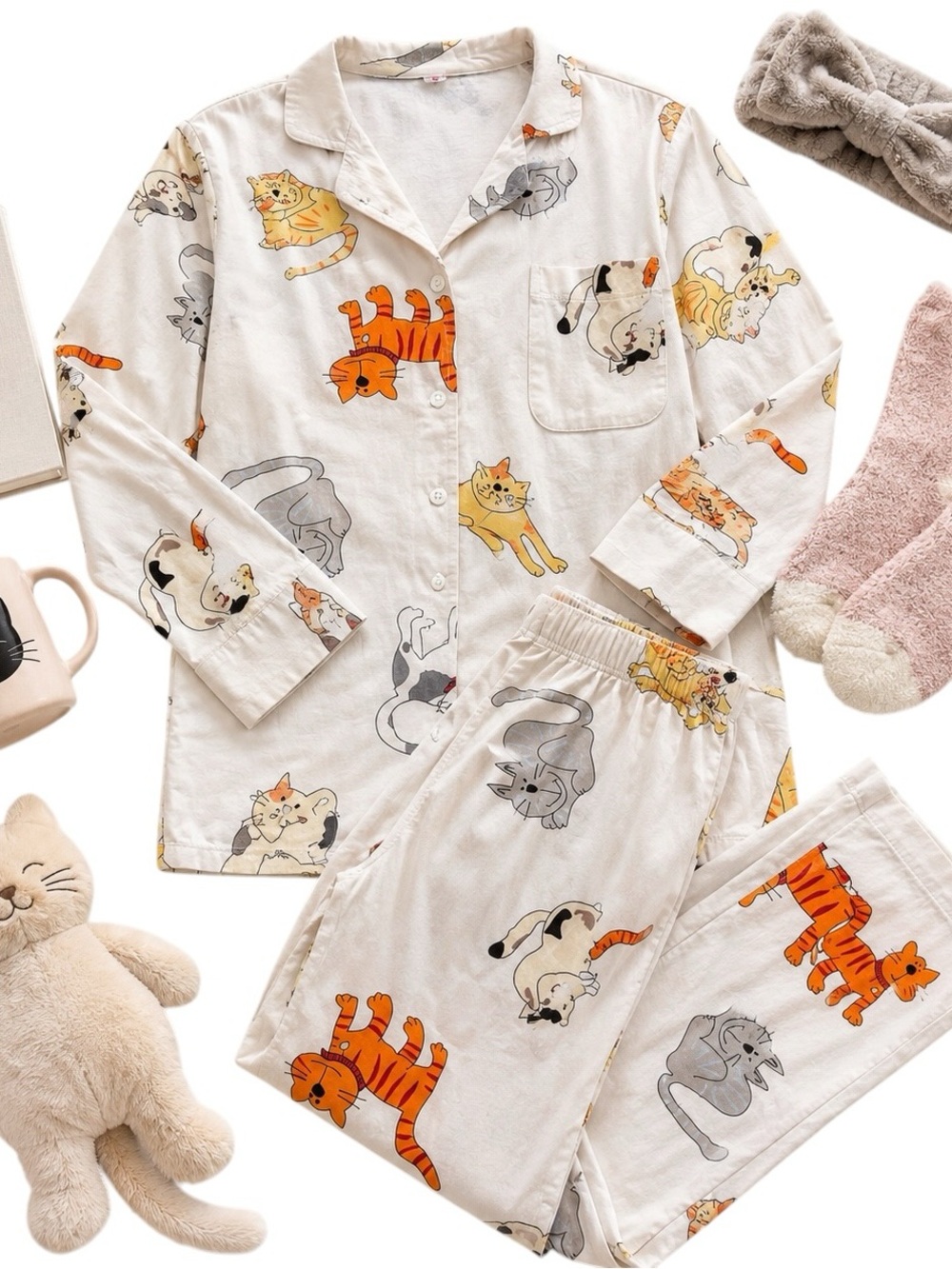Aegean Apparel Cat Print 100% Cotton Pajama Set Lounge Sleepwear Womens M in EUC